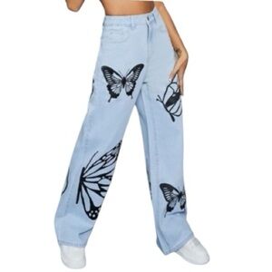 Society Black and Blue Flare Jeans with Artistic Butterfly Design. Boho